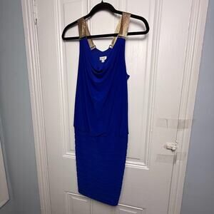 Cache Party Dress Womens 4 Blue Metal Straps Drop Waist Cowl Neck Y2K 2000s Club